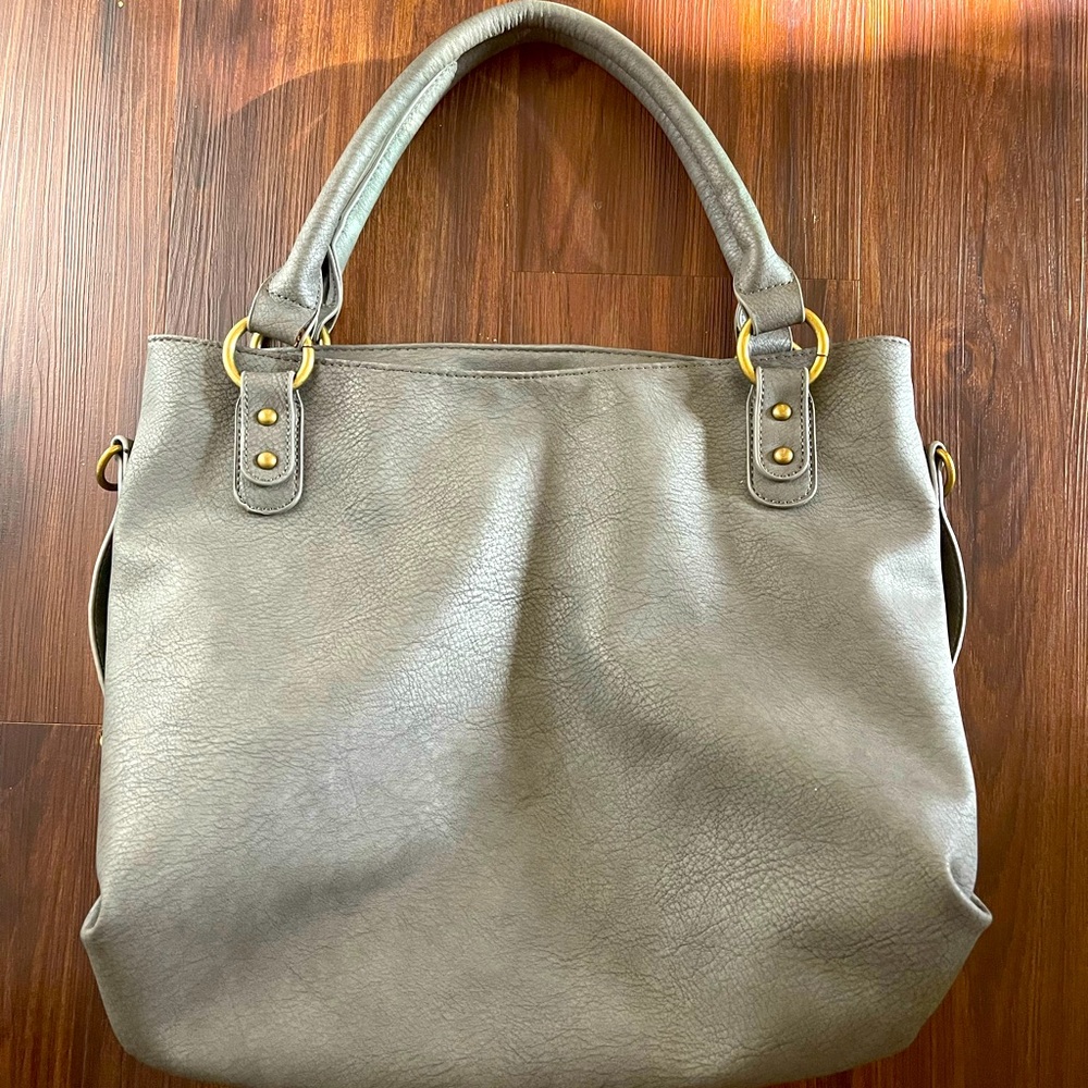 Womens Large Gray Faux Leather Tote with Crossbody Strap Winter Season Bag